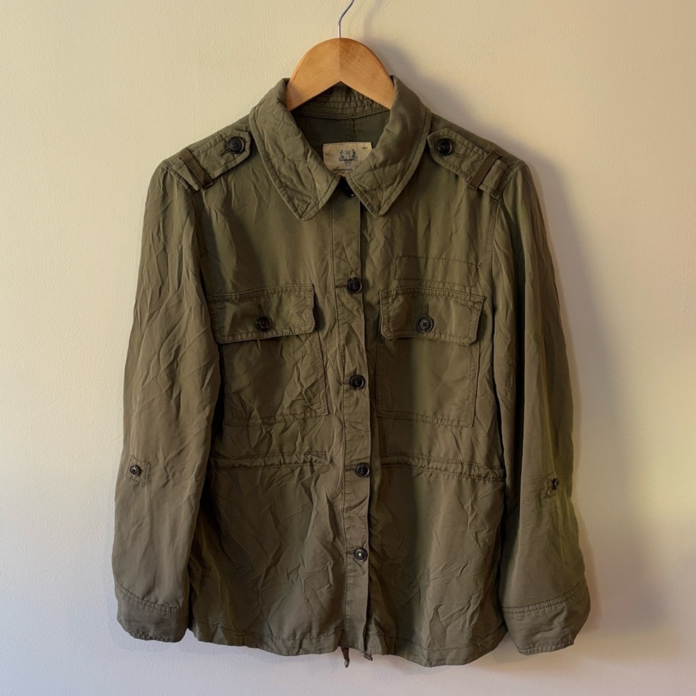 American Eagle Long-Sleeve Utility Button-Front Shirt Olive Green Size Medium